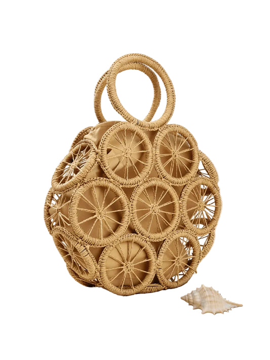 Handwoven Straw Beach Tote Bag with Circular Pattern Bohemian Styling