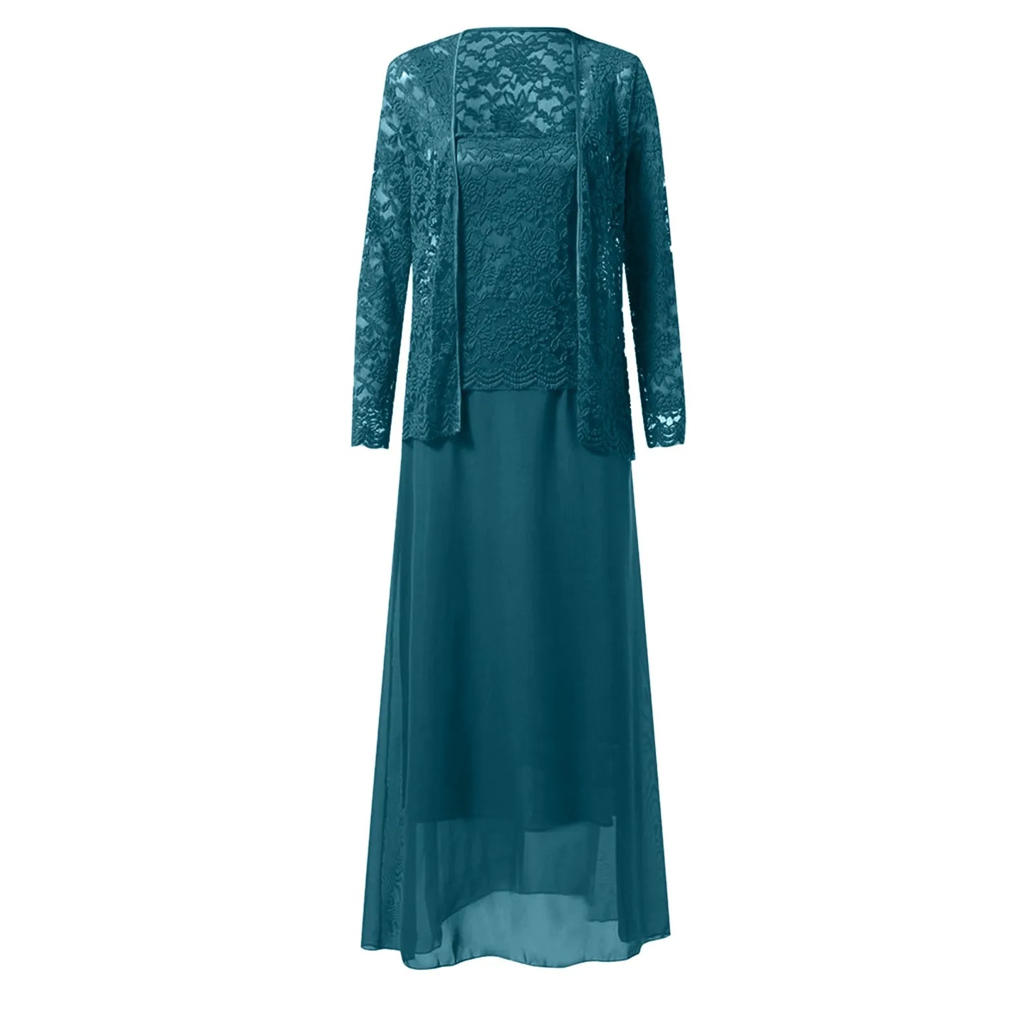 Chiffon Panel Maxi Dress with Lace Details and Long Sleeves