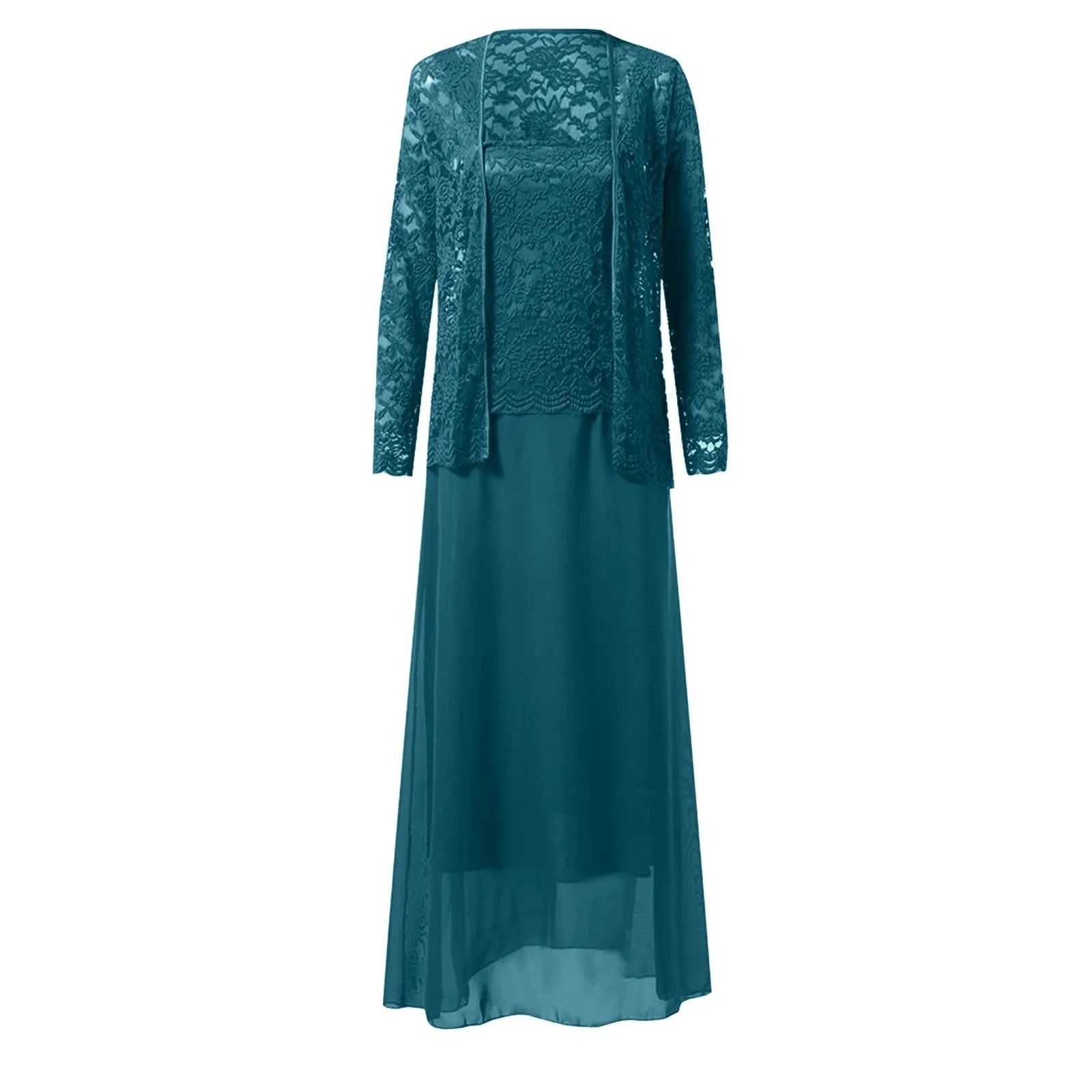 Chiffon Panel Maxi Dress with Lace Details and Long Sleeves