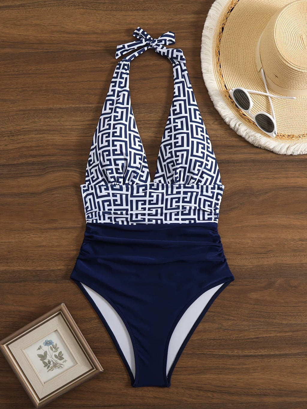 Geometric Pattern High-Waisted Bikini with Solid Navy Contrast Banding