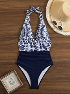 Geometric Pattern High-Waisted Bikini with Solid Navy Contrast Banding