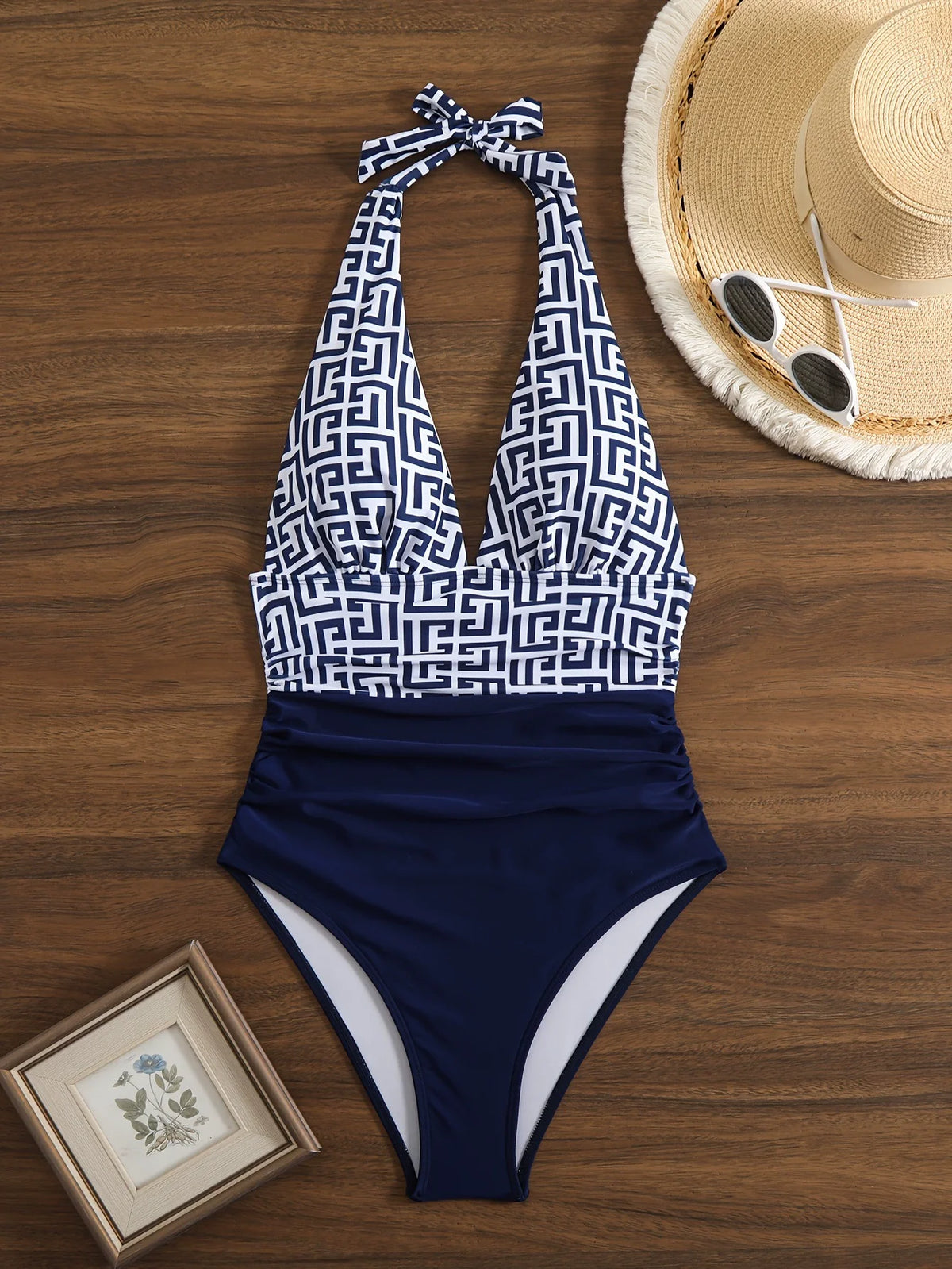 Geometric Pattern High-Waisted Bikini with Solid Navy Contrast Banding