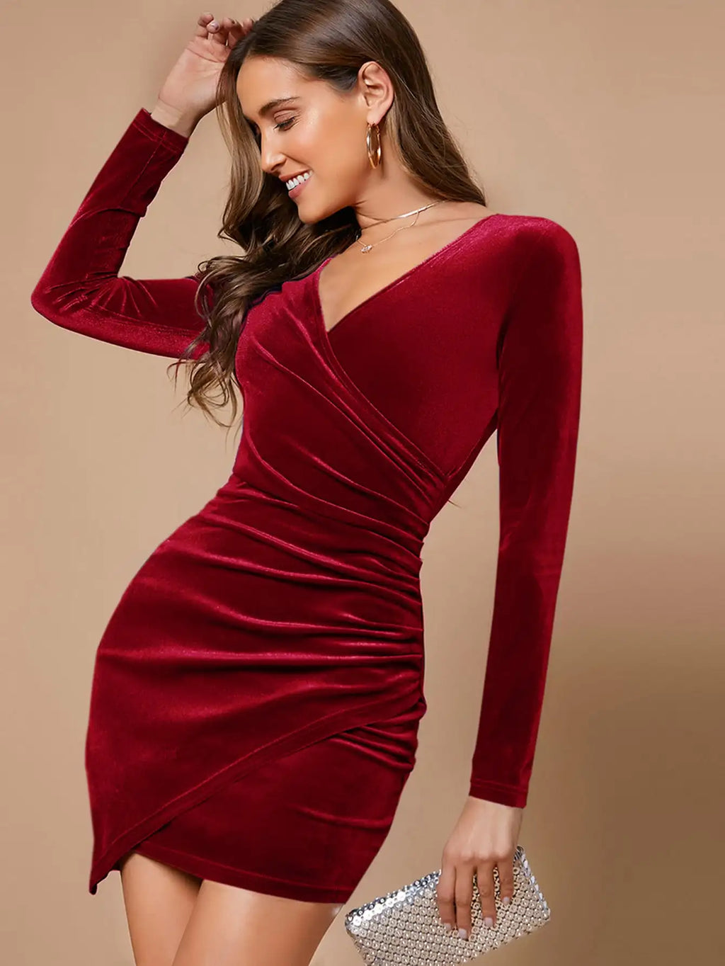 Velvet Wrap Front Mini Dress with Long Sleeves and Ruched Detail