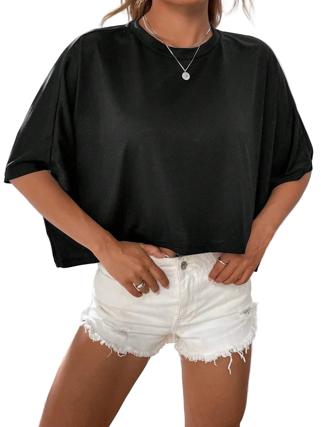 Batwing Sleeve Crop Tee with Relaxed Fit and Minimalist Casual Style