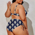 Navy Blue Floral Medallion Two-Piece Bikini Set with High-Waisted Bottom, Shaped Top and Adjustable Side-Tie Details