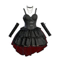 Women's Layered Gothic Dress with Detachable Mesh Train and Coordinated Gloves Set