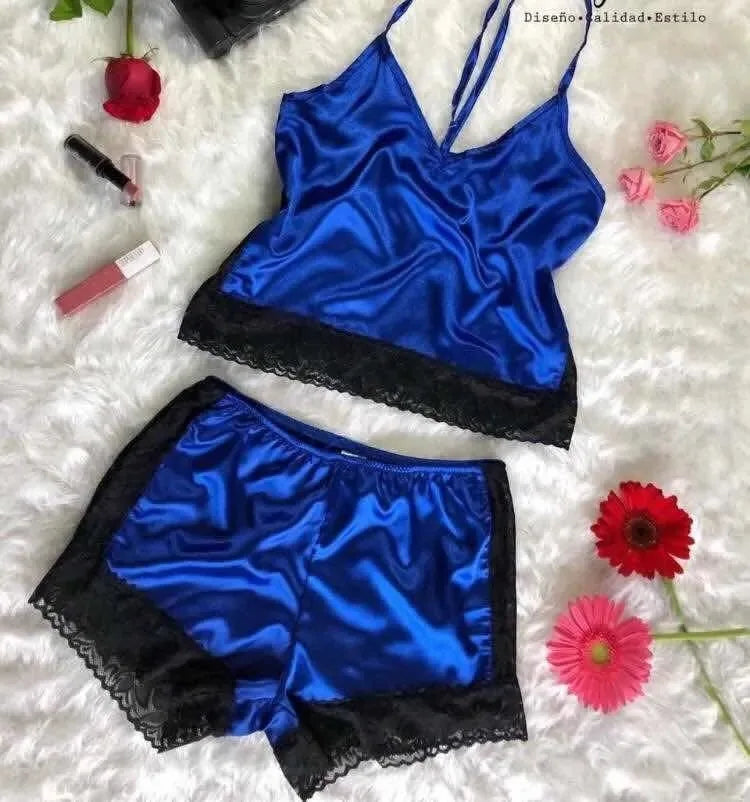 Striking Red Satin-Finish Camisole and Shorts Sleep Set with Wide Black Lace Trim