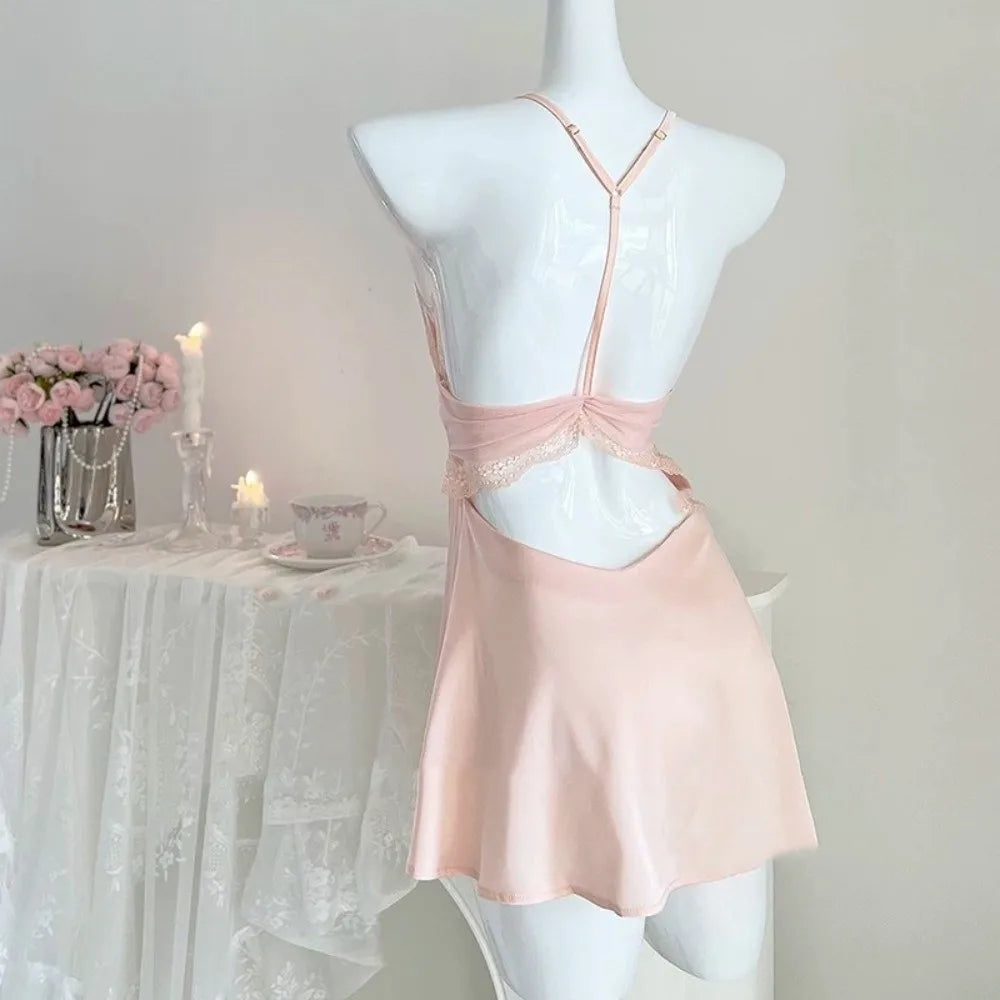 Soft Blush Pink Satin-Finish Nightgown with Sheer Lace Bodice and Halter Straps