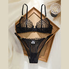 Structured Black Plunge Underwire Bra and Strappy Panty Set