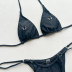 Sleek Black Triangle String Bikini Set with Gold-Tone Ring Hardware