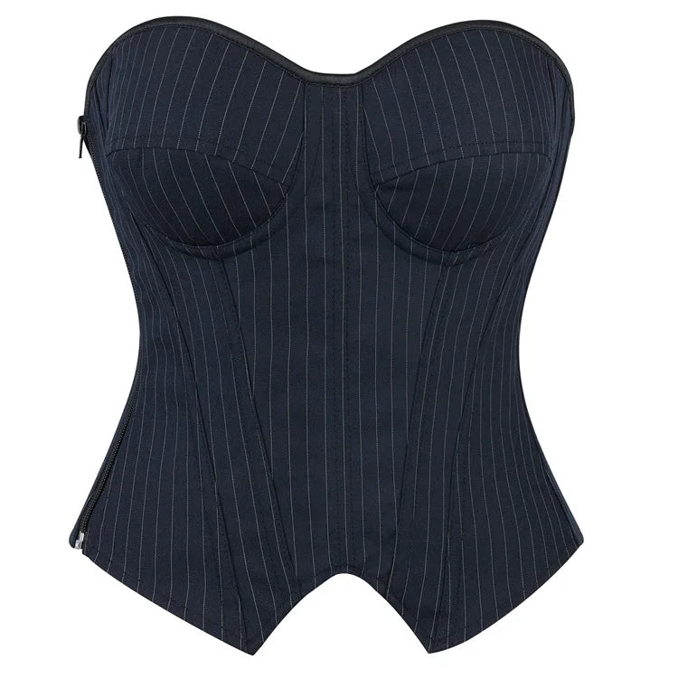 Tailored Black Pinstripe Overbust Corset with Structured Sweetheart Bodice
