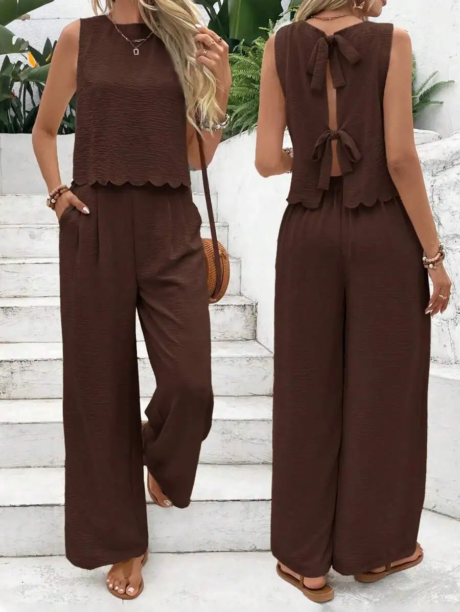 Sleeveless Linen Blend Top and Wide Leg Pants Summer Co-Ord Set