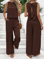 Sleeveless Linen Blend Top and Wide Leg Pants Summer Co-Ord Set