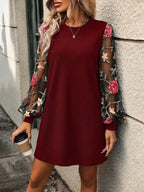 Embroidered Mesh Lantern Sleeve Relaxed Mini Dress with Statement Floral Details