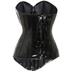 High-Shine Black Faux Leather Overbust Corset with Sweetheart Neckline and Front Busk