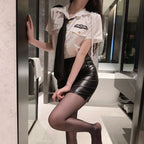 Crisp Blue Short-Sleeve Button-Down Shirt and Glossy Black Mini Skirt Set