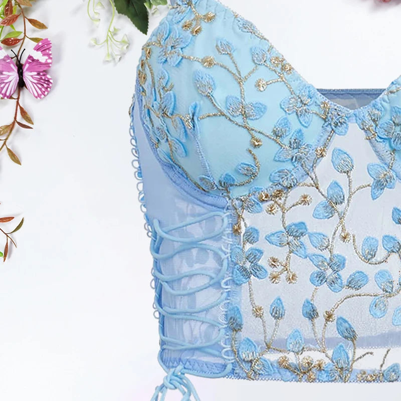 Floral Embroidered Bustier Top with Structured Cups and Adjustable Straps