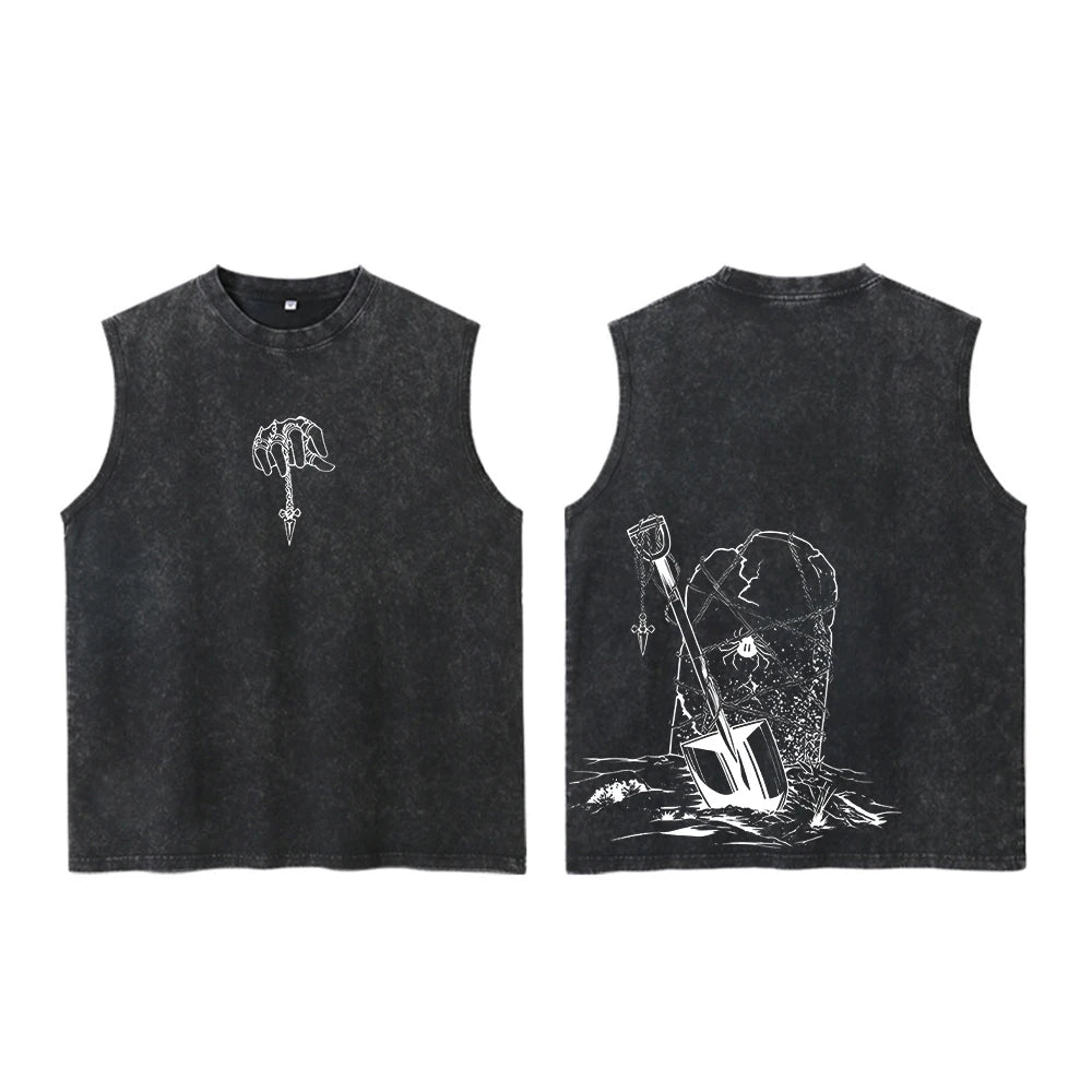Dark Fantasy Gothic Streetwear Cotton Sleeveless Tank Top with Illustrative Graphic Artwork