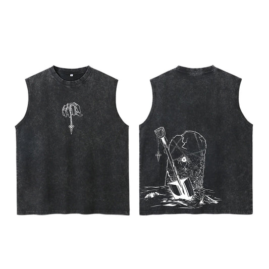 Dark Fantasy Gothic Streetwear Cotton Sleeveless Tank Top with Illustrative Graphic Artwork
