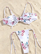 White Floral Print Underwire Bikini Set with Matching Ruffled Sarong Skirt
