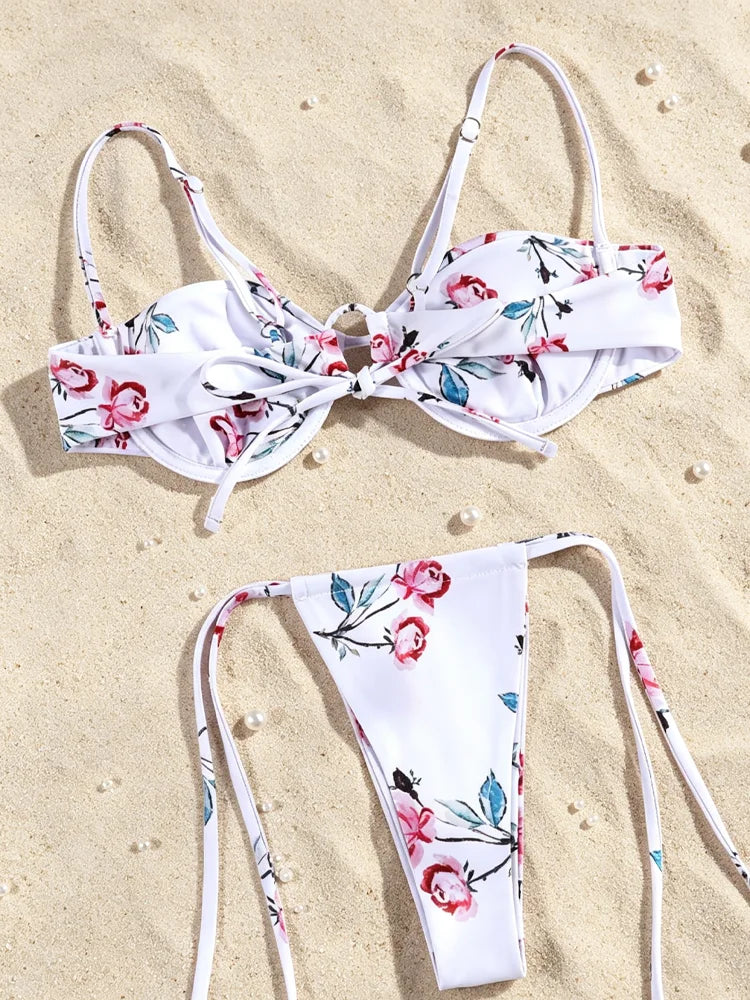 White Floral Print Underwire Bikini Set with Matching Ruffled Sarong Skirt