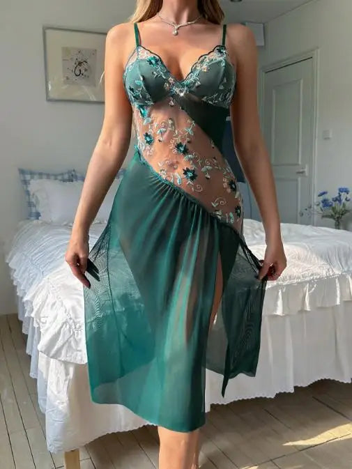 Sheer Asymmetrical Mesh Nightgown with Floral Embroidery and High Slit