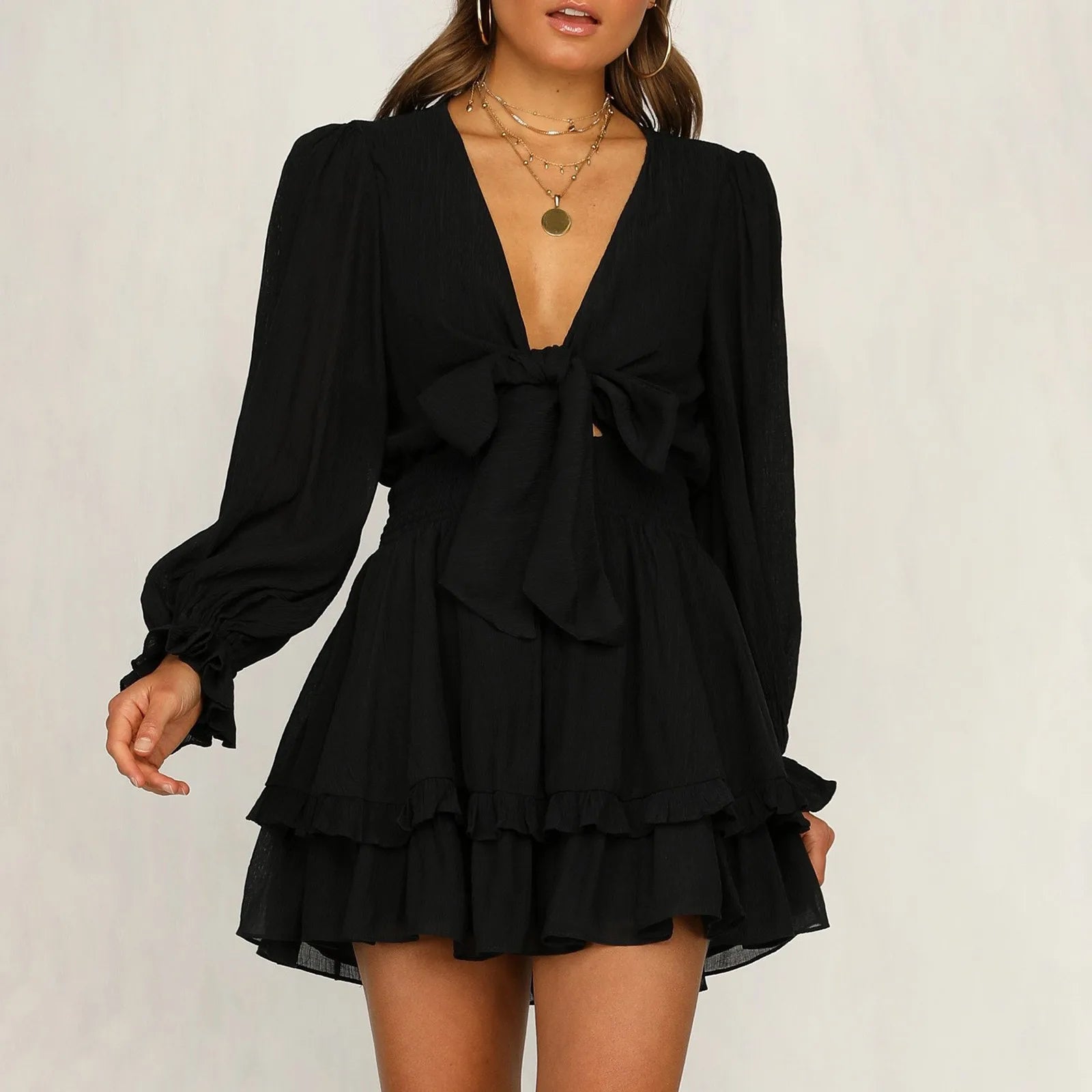 Long Sleeve Ruffle Hem Mini Dress with Tie Waist and Romantic Silhouette