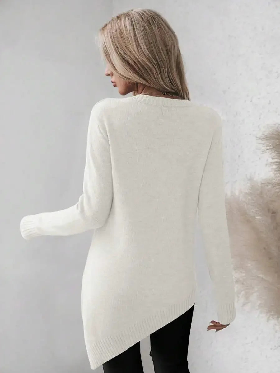 Women's Asymmetric Hem Knit Sweater with Relaxed Long Sleeve Contemporary Silhouette