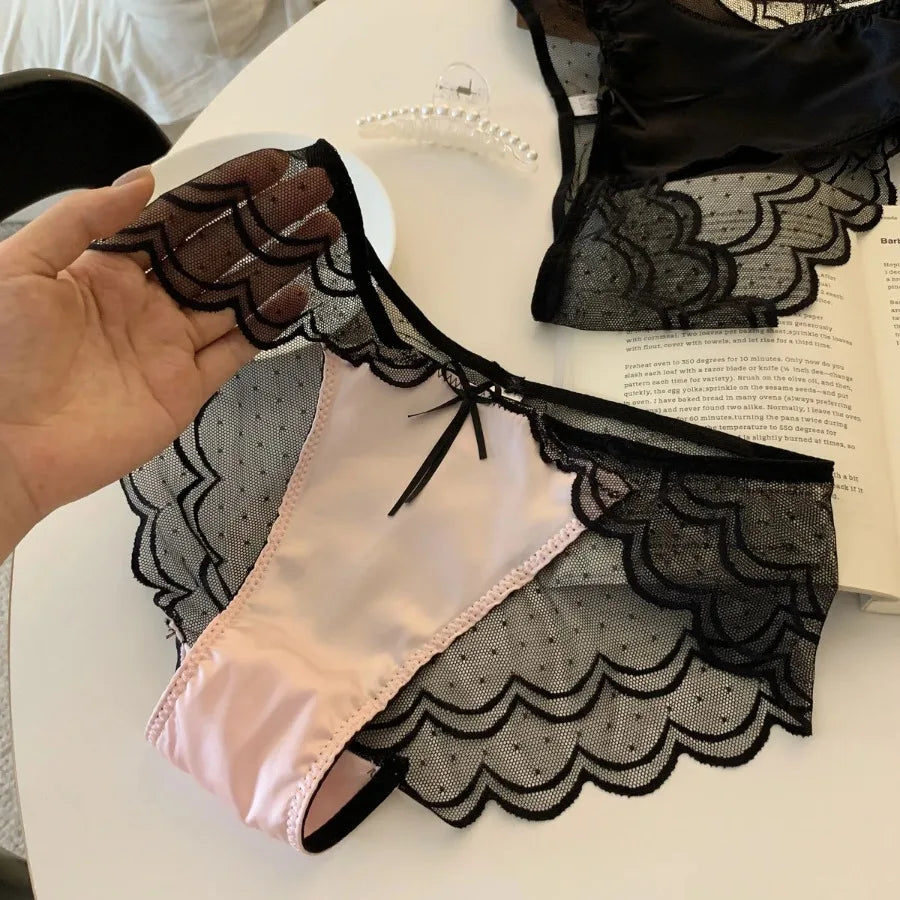 Romantic Plum and Black Lace Trim Satin-Look Brief Panty