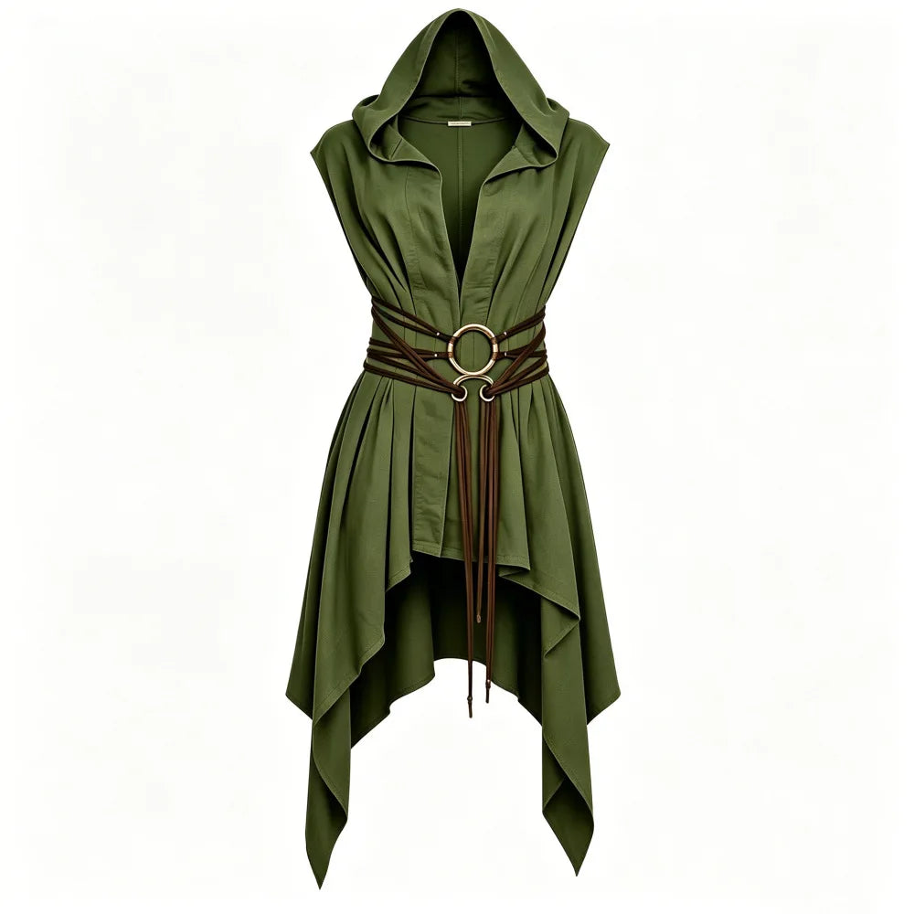 Earth-Toned Asymmetrical Hooded Sleeveless Tunic for Historical Fantasy Roleplay