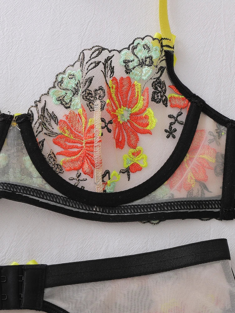 Vibrant Neon Floral Embroidery Sheer Mesh Three-Piece Lingerie Set