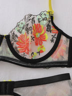 Vibrant Neon Floral Embroidery Sheer Mesh Three-Piece Lingerie Set
