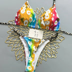 Vibrant Rainbow Daisy Print Triangle Bikini with Contrast Spotted Straps