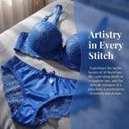 Cobalt Blue Floral Lace Contour Push-Up Bra and Matching Hipster Panty Set