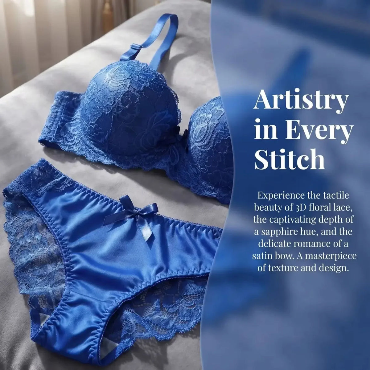 Cobalt Blue Floral Lace Contour Push-Up Bra and Matching Hipster Panty Set
