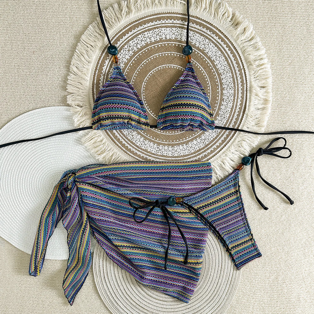 Textured Brown Three-Piece Triangle Bikini Set with Matching Ruched Skirt