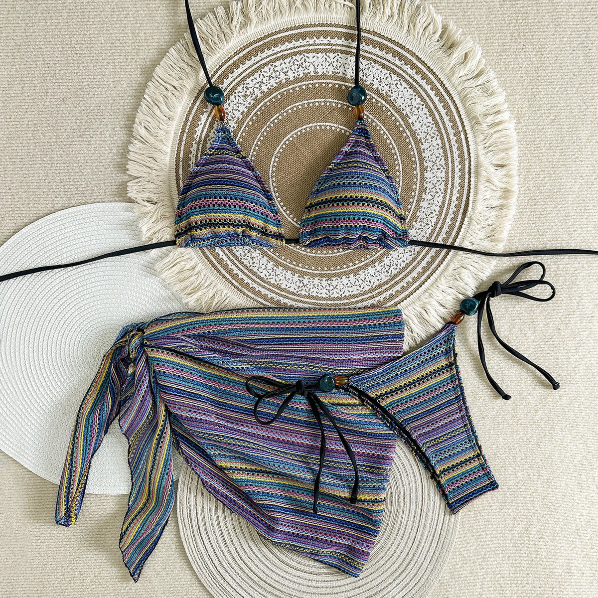 Textured Brown Three-Piece Triangle Bikini Set with Matching Ruched Skirt