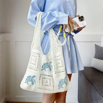 Open Knit Tote Shoulder Bag with Large Capacity Casual Design