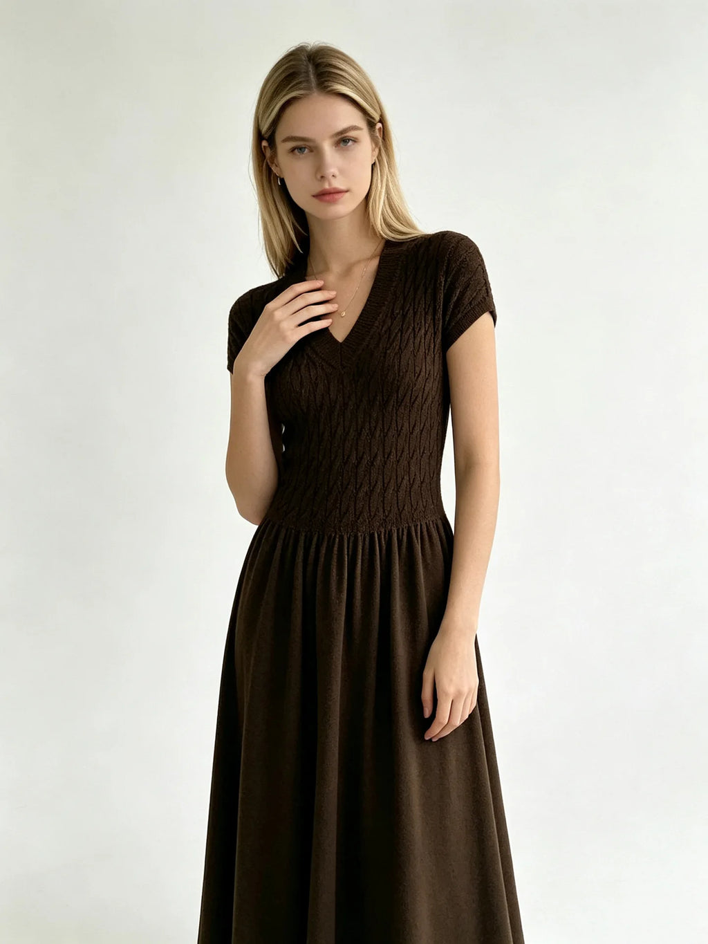Elegant Short-Sleeve Smocked A-Line Midi Dress in Classic Black