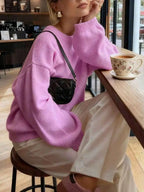 Women's Minimalist Crew Neck Knit Sweater with Relaxed Long Sleeve Silhouette