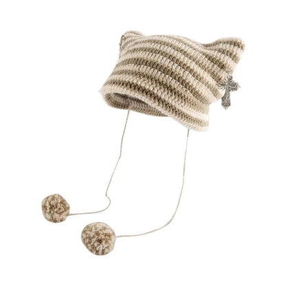 Striped Pointed Knit Beanie with Ear Accents for Playful Streetwear Winter Fashion Style