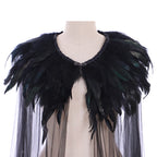 Unisex Gothic Feather Cape with Sheer Mesh Overlay and Dramatic Festival Styling