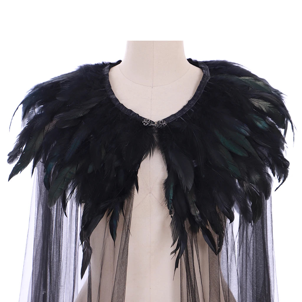 Unisex Gothic Feather Cape with Sheer Mesh Overlay and Dramatic Festival Styling