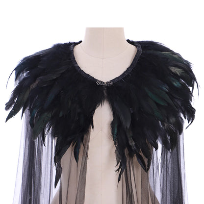 Unisex Gothic Feather Cape with Sheer Mesh Overlay and Dramatic Festival Styling