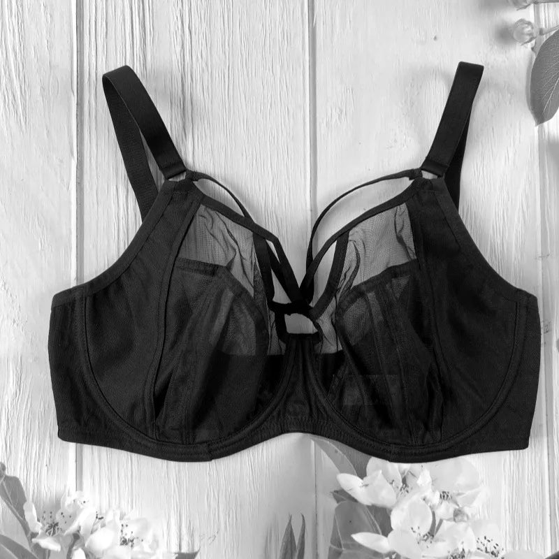 Elegant Sheer Mesh Underwire Minimizer Bra with Strappy Center Detailing