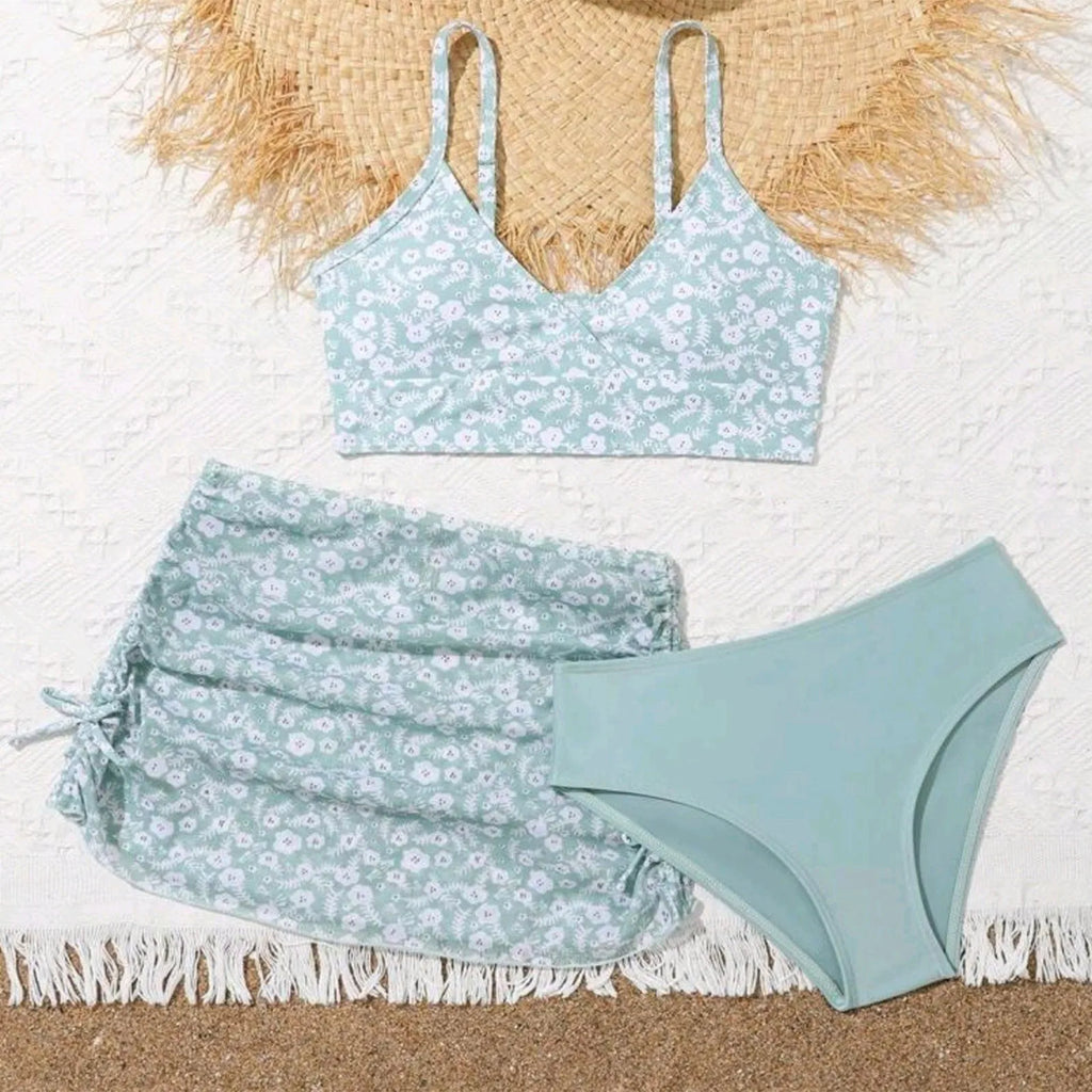 Girls' Floral Two-Piece Bikini Set with Coordinating Skirt, Cute Summer Swimwear Design for Young Children
