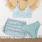 Girls' Floral Two-Piece Bikini Set with Coordinating Skirt, Cute Summer Swimwear Design for Young Children
