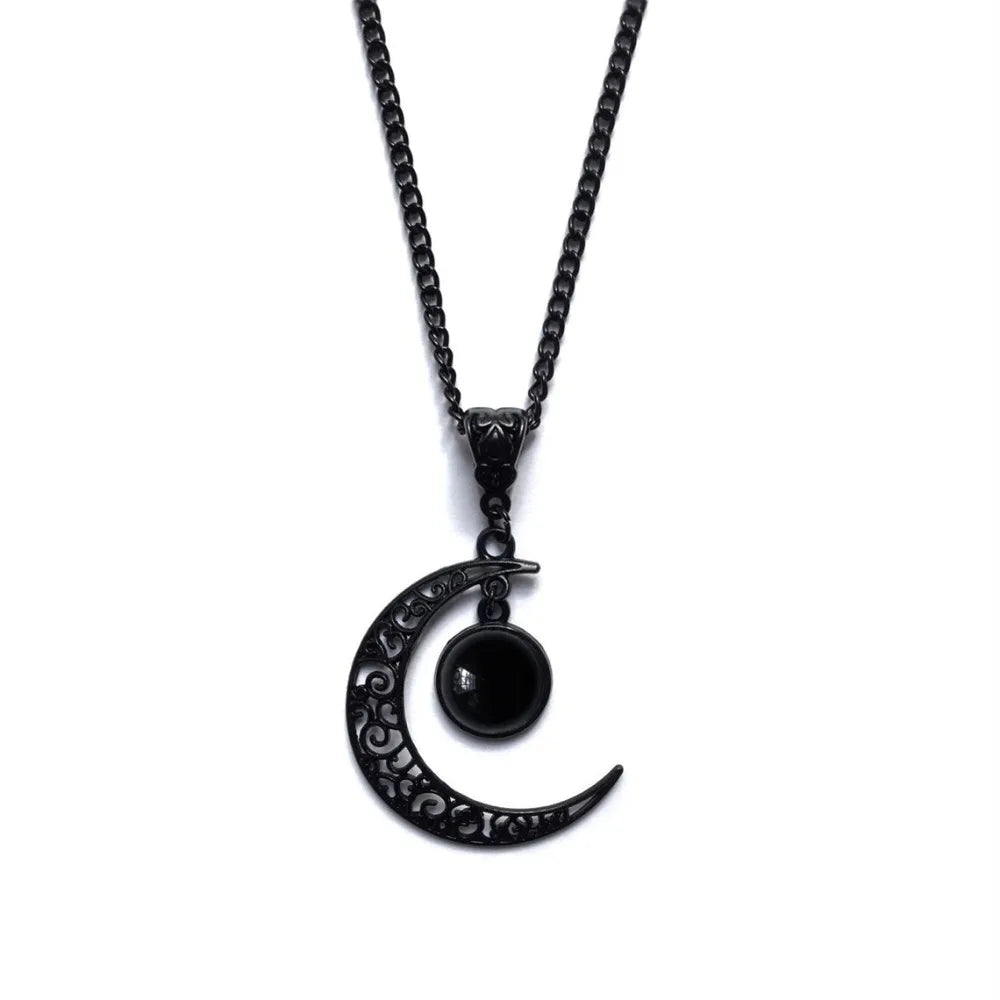 Crescent Moon Crystal Pendant Necklace for Witchy Gothic Alternative Style