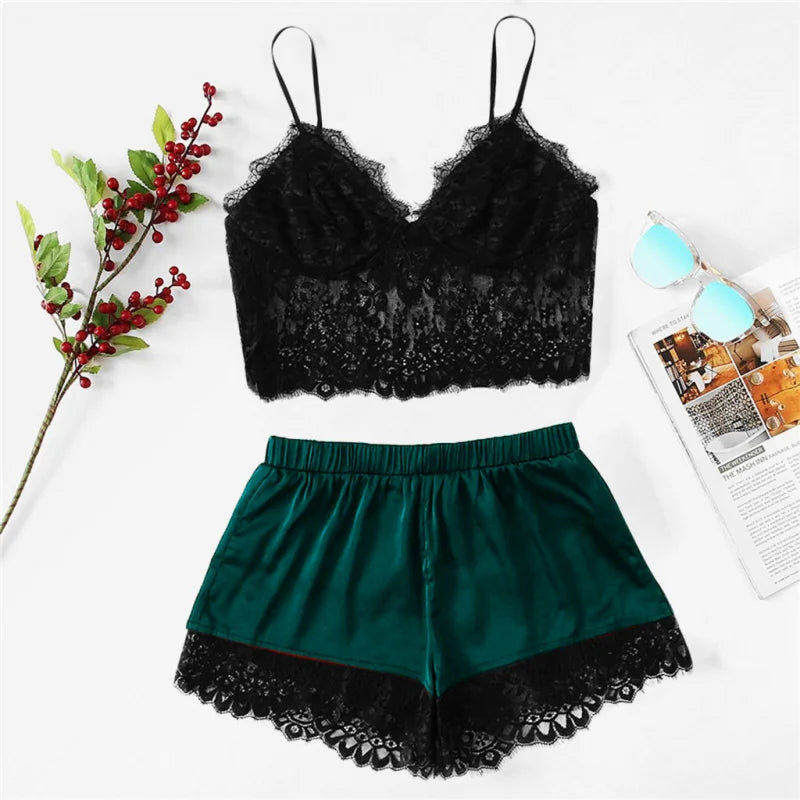 Sheer Black Lace Bralette and Jewel-Toned Satin-Finish Shorts Sleep Set