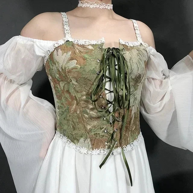 Elegant Beige Lace-Up Corset Top with Adjustable Tie-Shoulder Straps